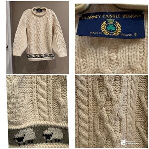 Vtg Blarney Castle Designs Irish wool cable knit sweater sheep border design